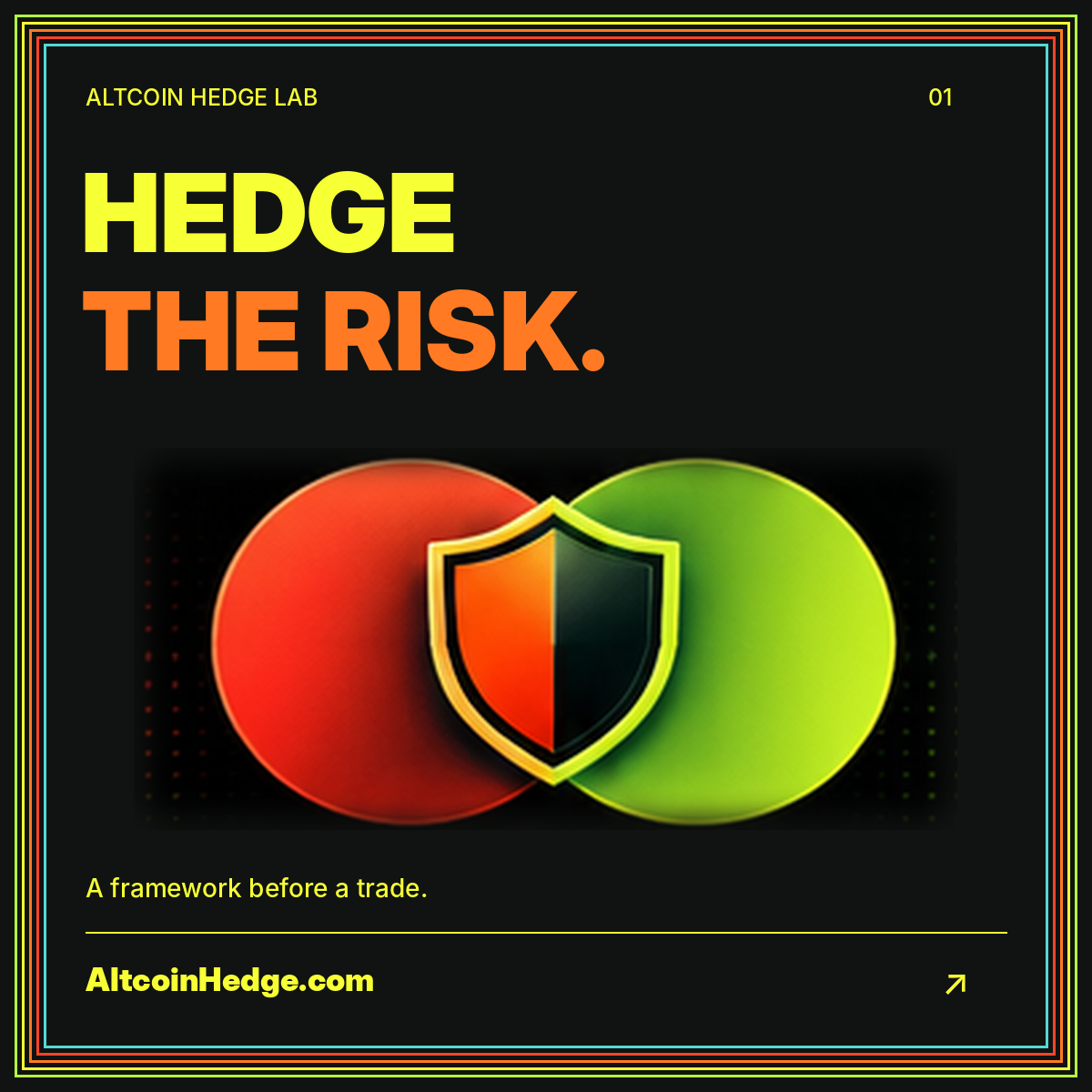 Neon Hedge the Risk typography with a shield between overlapping circles.
