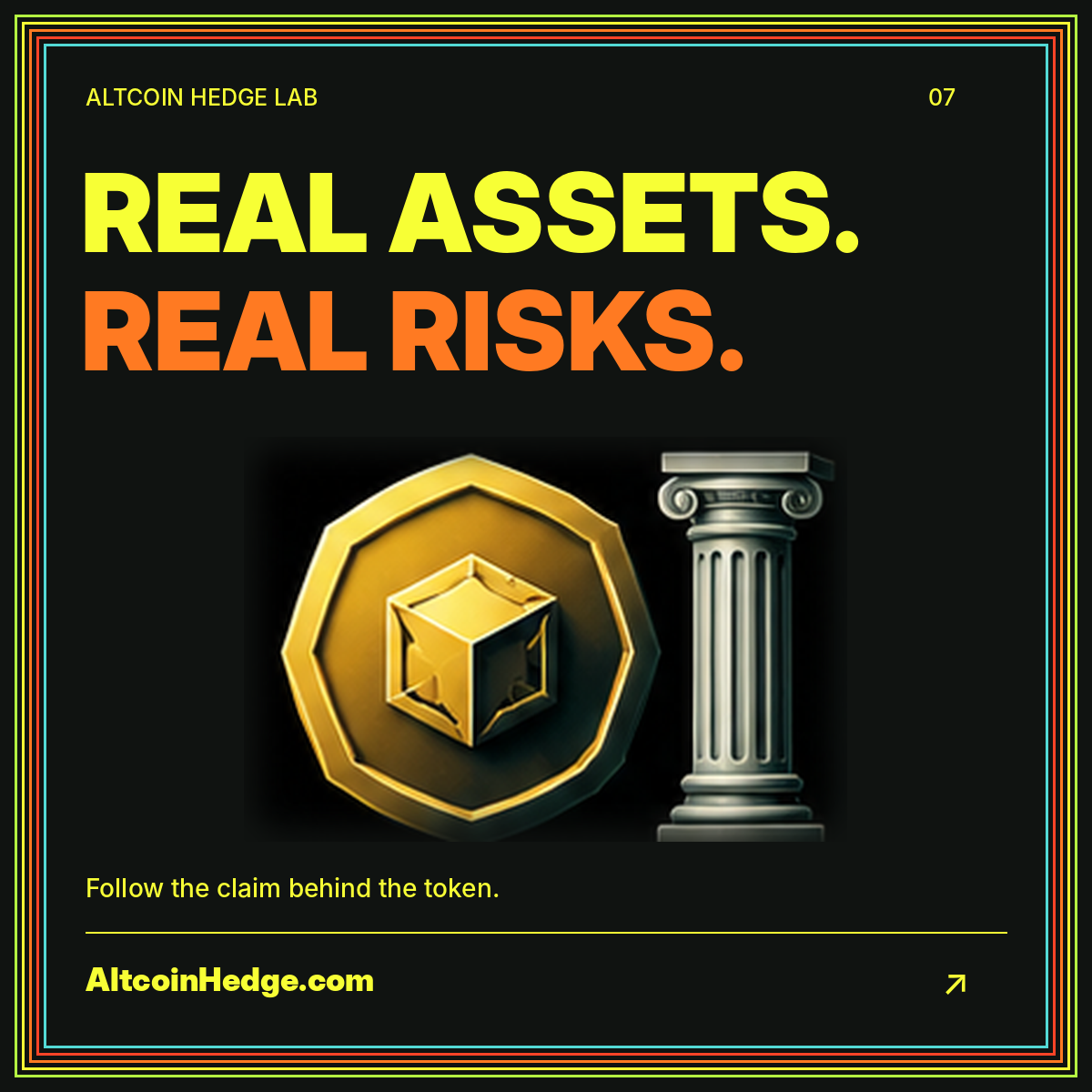 Neon Real Assets, Real Risks typography with a token and classical asset column.